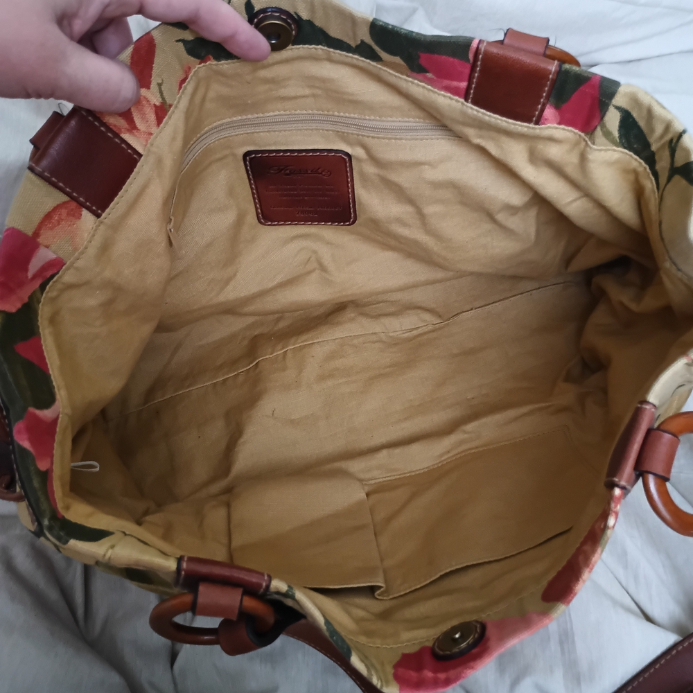 Vintage FOSSIL Floral Canvas Tote Bag with Brown Leather Handles - Picture 3 of 9